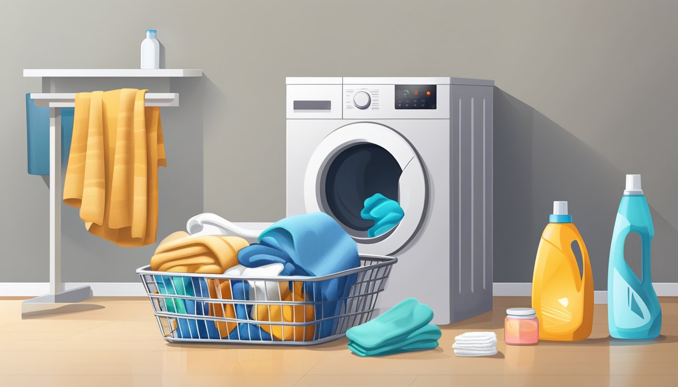 A laundry basket sits open, ready to receive clothes. A neatly folded towel and a few socks peek out, while a laundry detergent bottle stands nearby