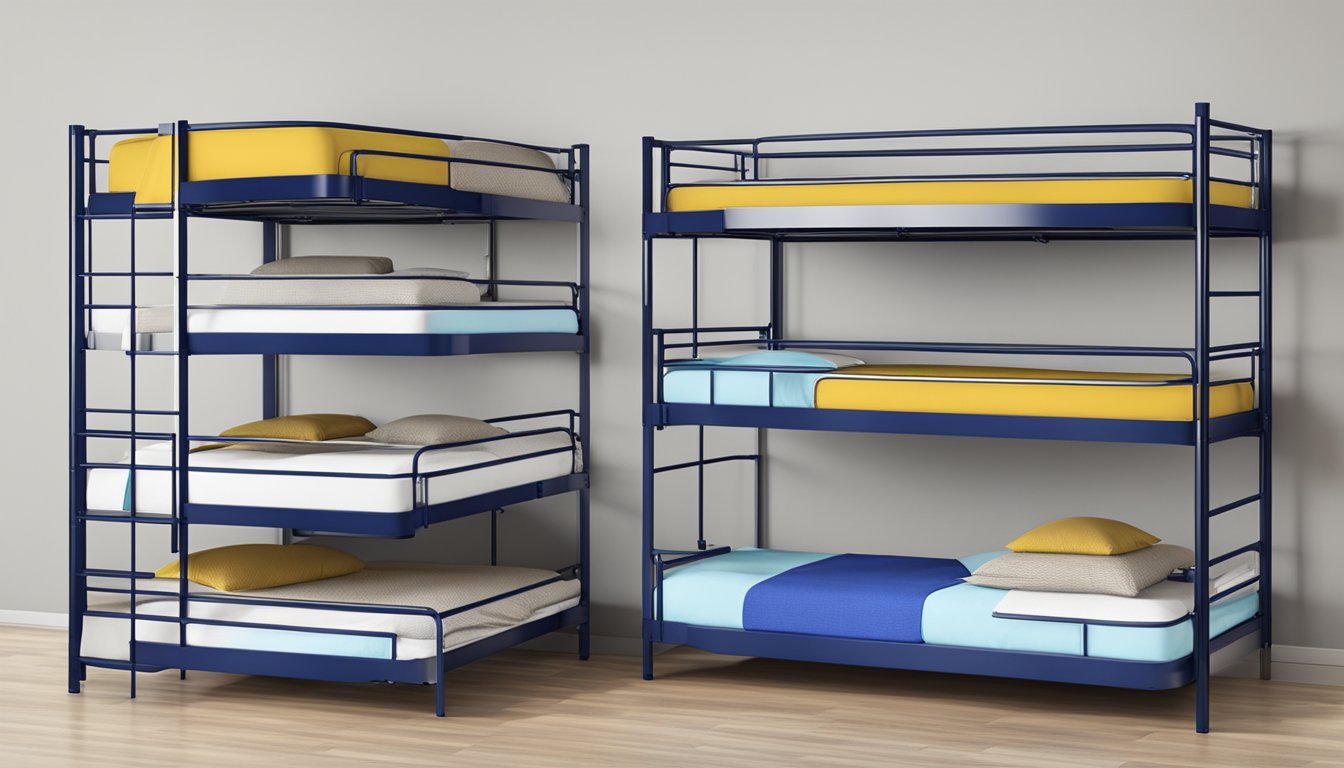 A sturdy triple decker bed with reinforced steel frame and safety rails. Built to withstand heavy use and provide a secure sleeping space