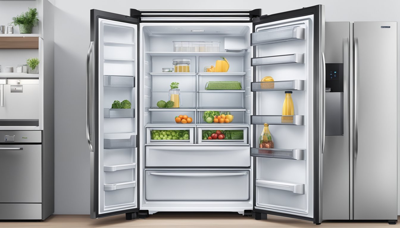 A 2-door fridge with advanced features and specifications, measuring its dimensions