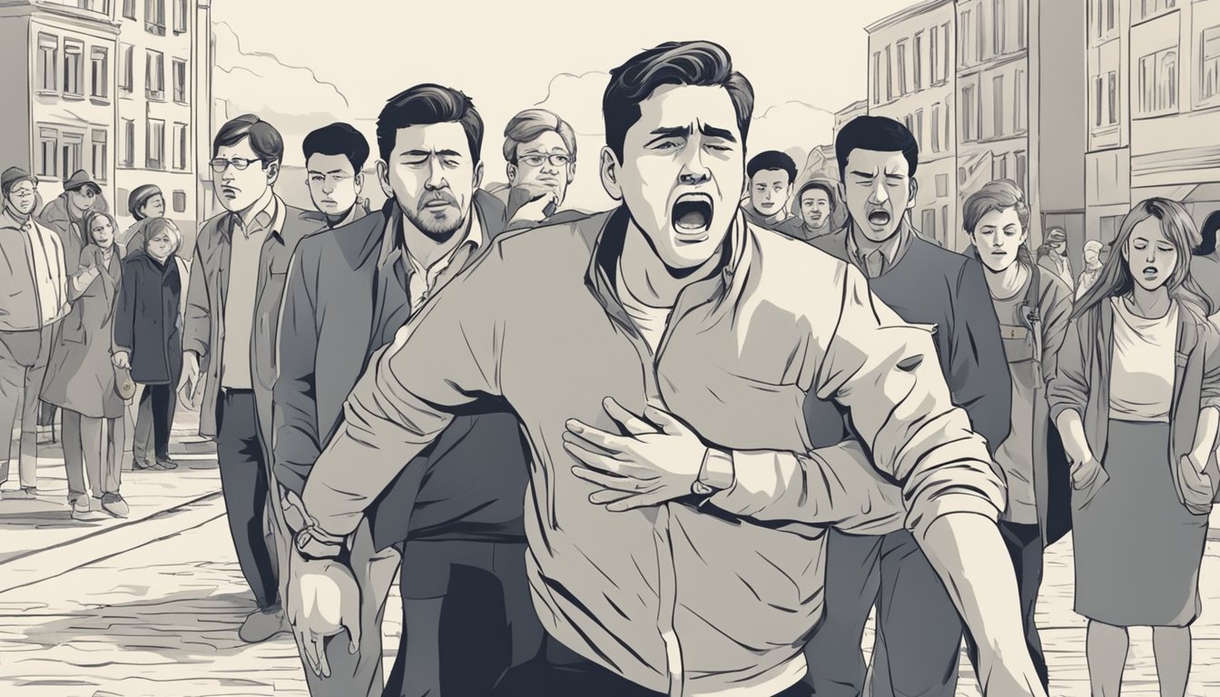 A person clutches their chest, grimacing in pain, as bystanders look on in concern