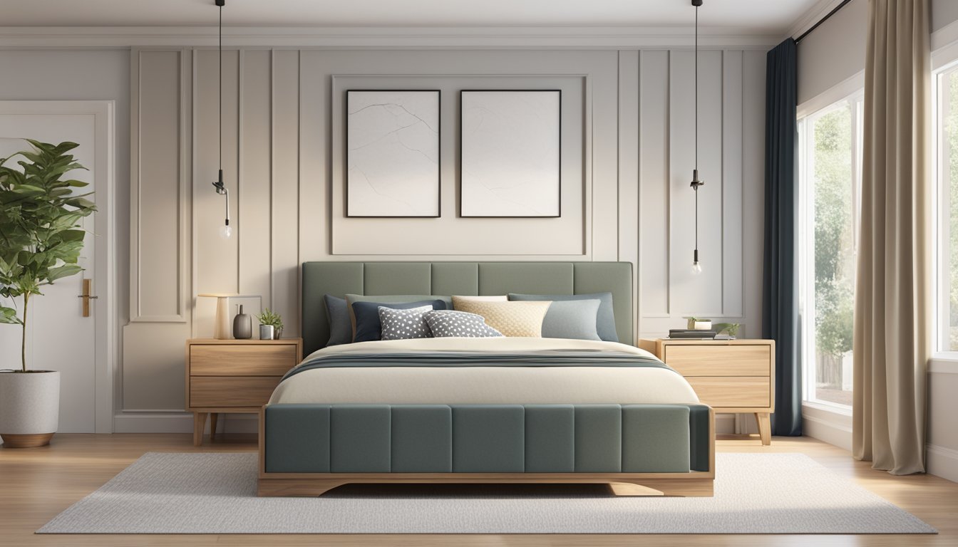A queen size bed frame with built-in storage drawers, surrounded by a clean and modern bedroom setting with neutral colors and ample natural light