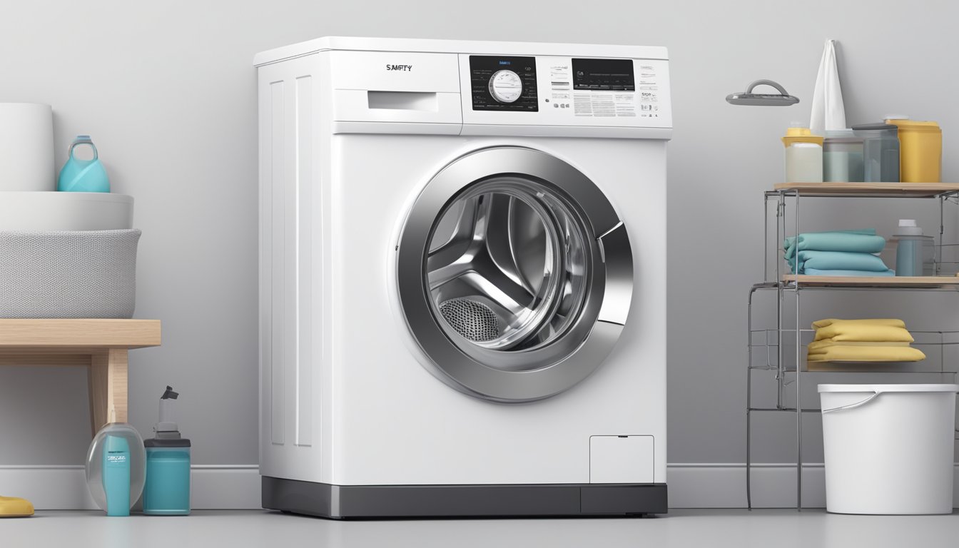 A 10kg washing machine sits against a white wall. It is labeled "Safety and Maintenance" with clear instructions and diagrams