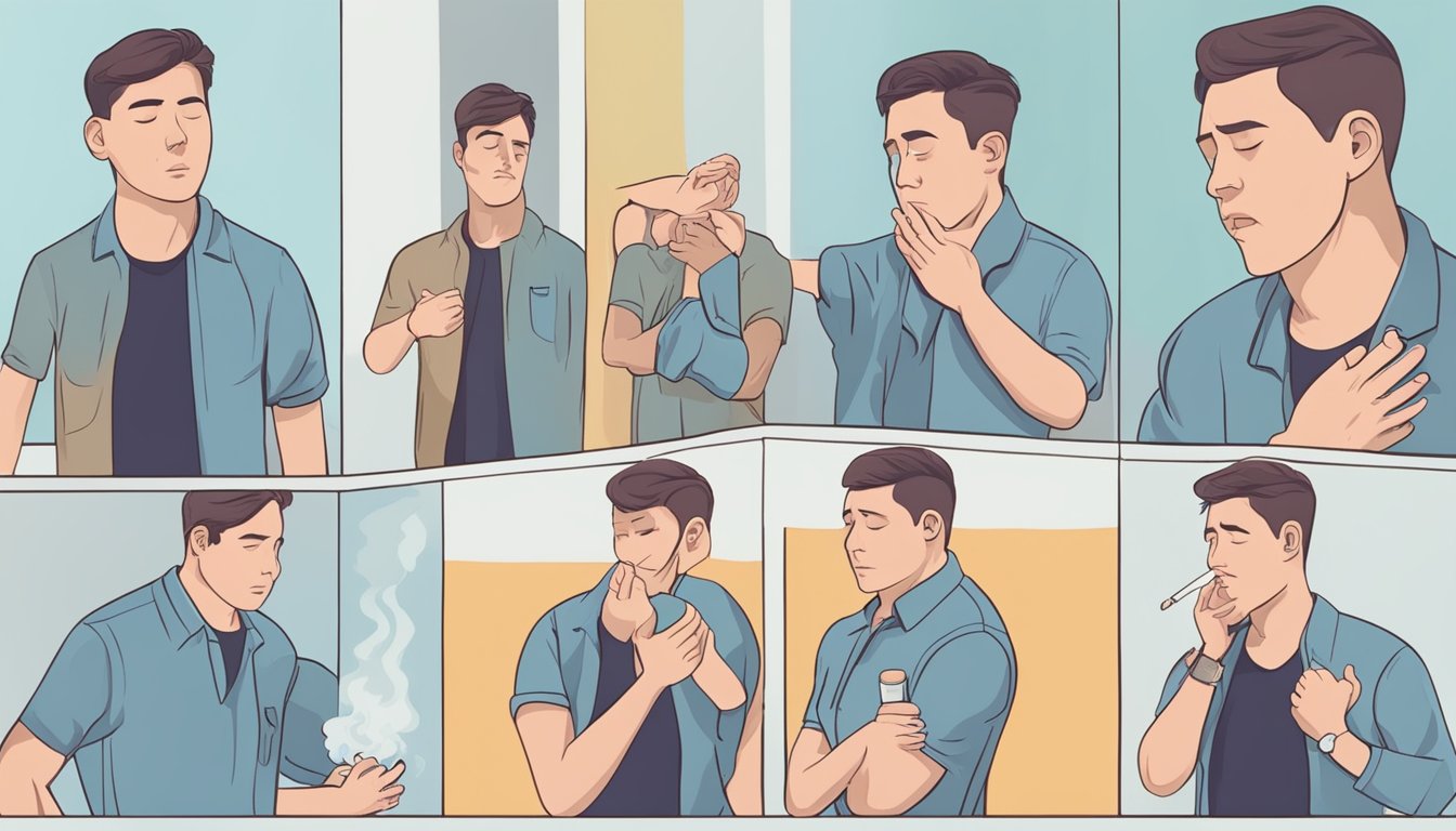 A person clutching their chest, with a pained expression, sweating, and shortness of breath, surrounded by risk factors such as smoking, high cholesterol, and high blood pressure