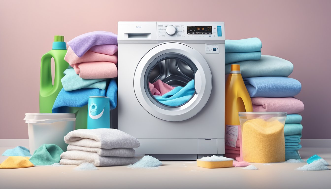 A 10kg washing machine with a digital display and control panel, surrounded by laundry detergent, fabric softener, and a pile of dirty clothes