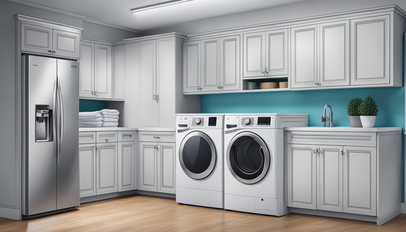 A washer and dryer combo sits side by side, with the washer on the left and the dryer on the right. The machines are sleek and modern, with digital displays and control panels