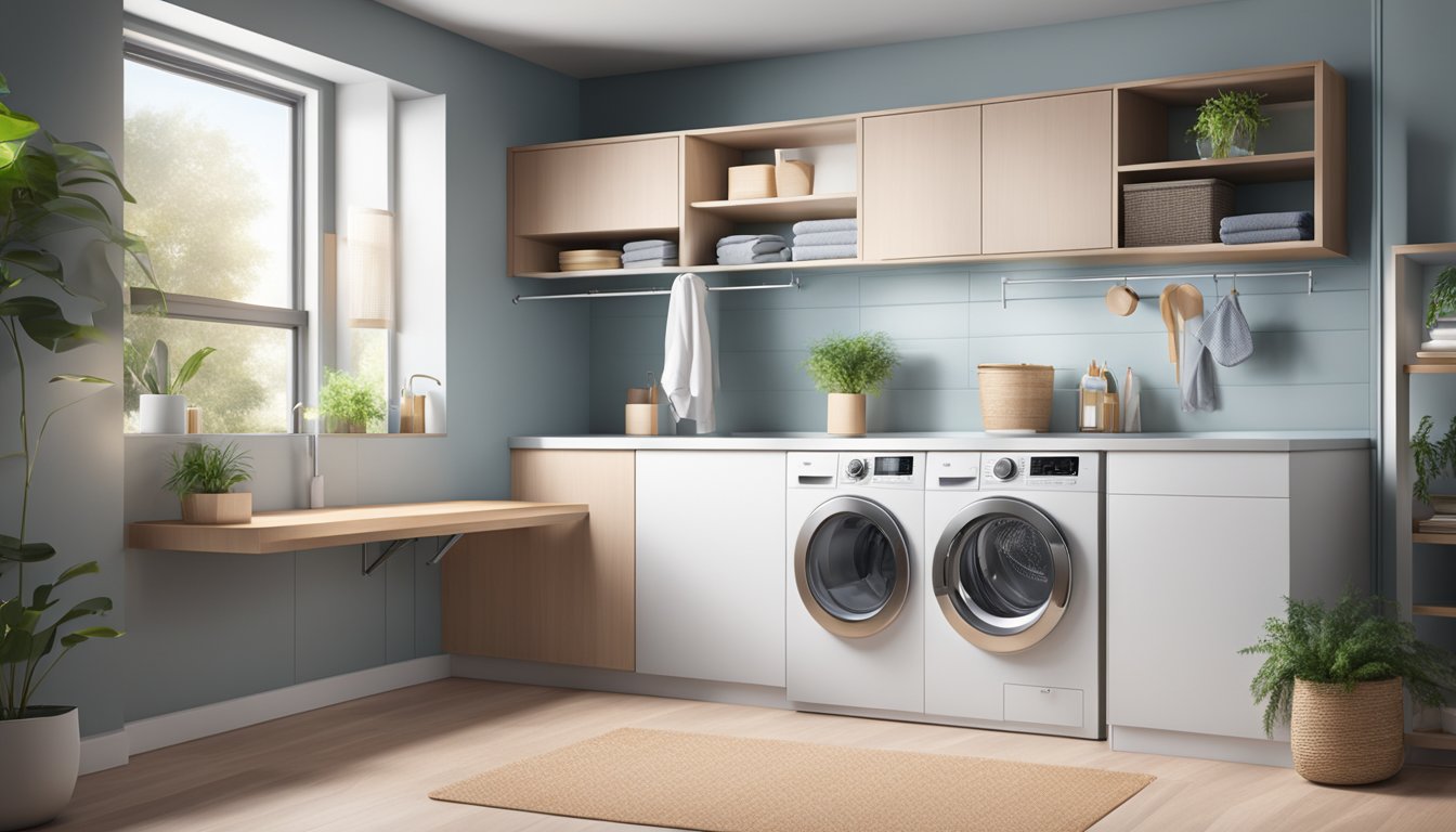 A modern washer and dryer combo sits in a sleek laundry room, with bright lighting and clean surroundings