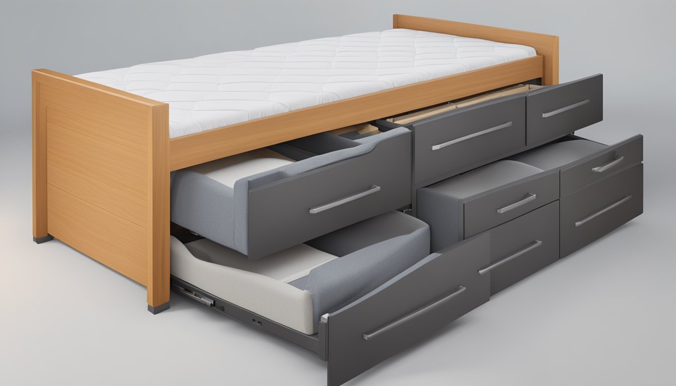 A storage bed with a mattress sits against a wall, with drawers and compartments underneath for storage