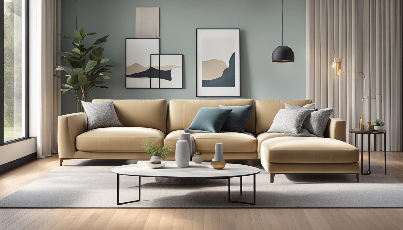 A 4-seater sofa in a modern living room, with sleek lines and neutral colors, situated against a backdrop of large windows and minimalist decor