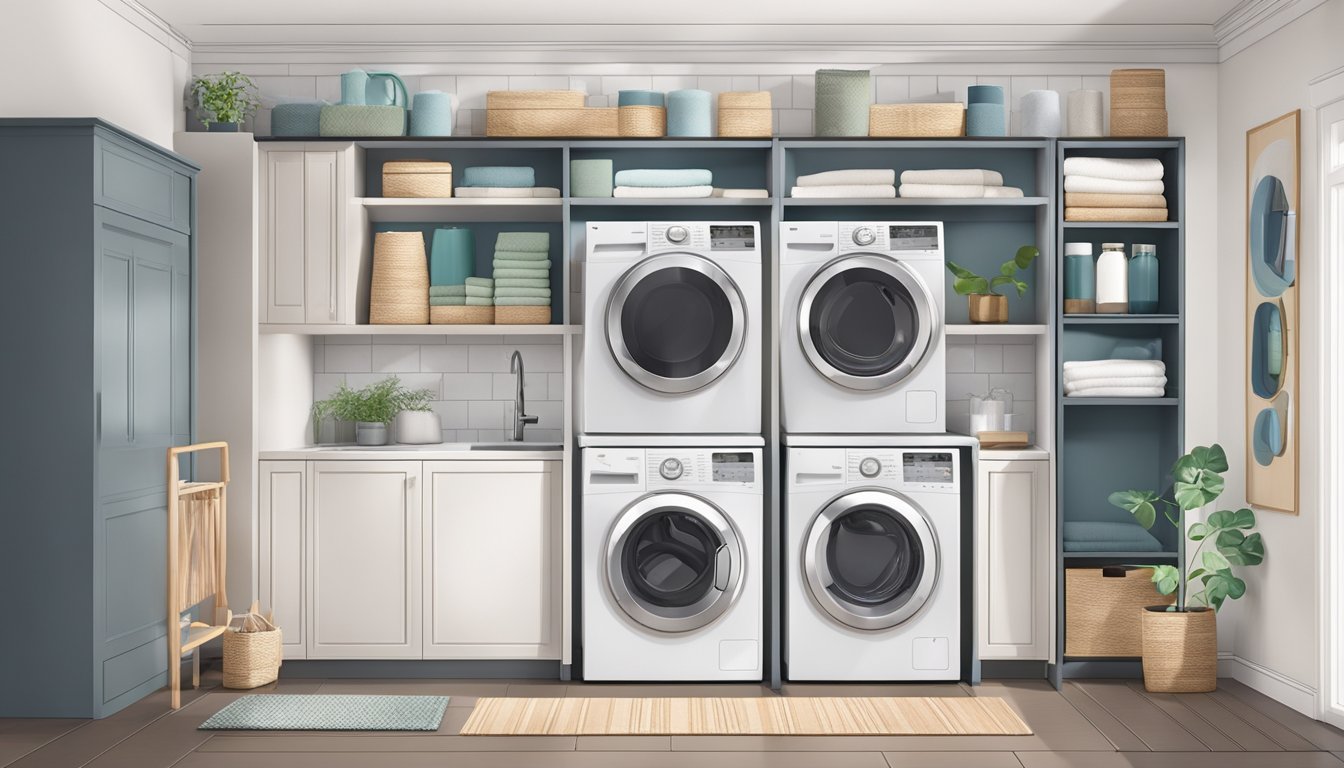 A modern laundry room with a sleek combo washer and dryer unit, surrounded by shelves of laundry supplies and a stylish rug on the floor