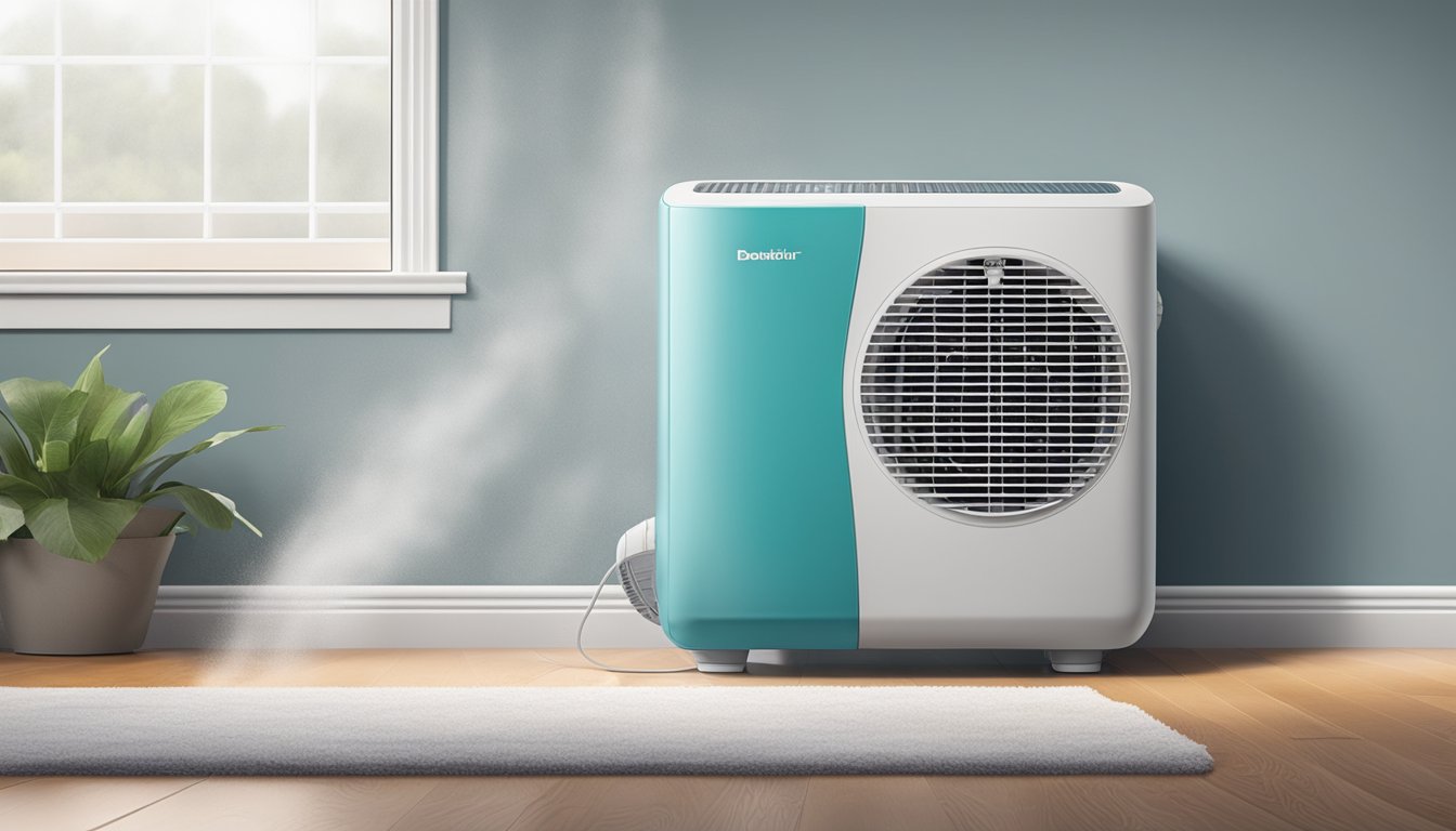 A dehumidifier sits in a damp basement, quietly removing moisture from the air. The machine's fan hums as it pulls in the humid air and releases dry, refreshed air back into the room