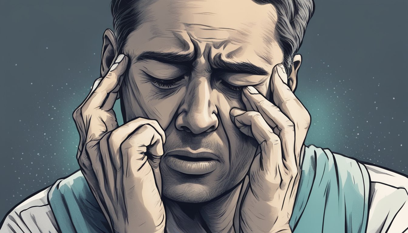A person clutching their chest in pain, sweating, and struggling to breathe, with a look of fear and distress on their face