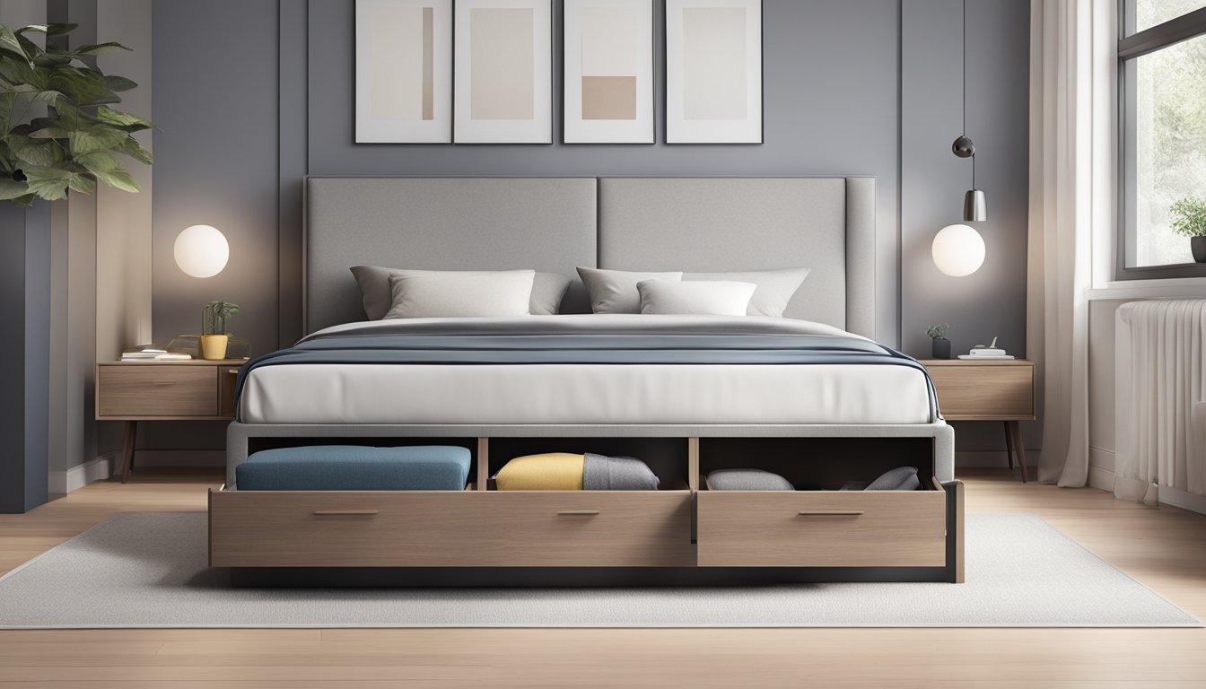 A storage bed with a mattress, drawers open, revealing neatly organized linens and clothing. The bed frame is sleek and modern, with clean lines and a minimalist design
