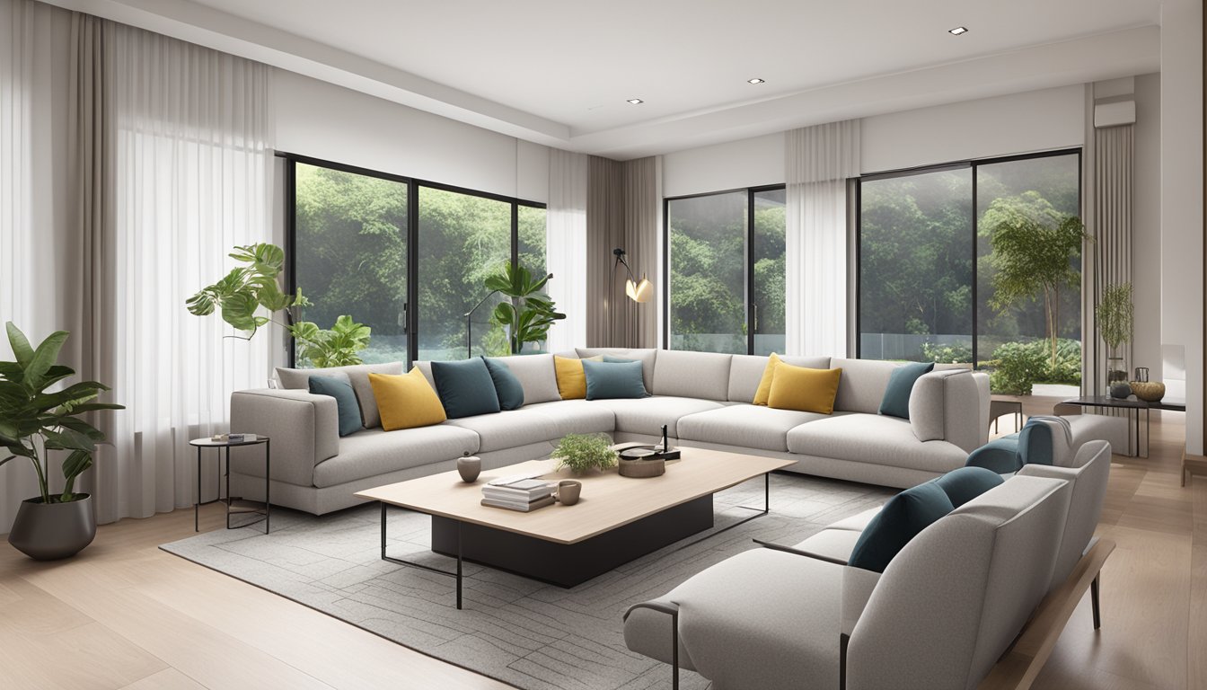 A cozy living room with a modern 4 seater sofa, situated in a stylish Singapore home. The sofa is sleek and comfortable, with clean lines and plush cushions. The room is well-lit with natural light, and the decor is minimalist yet