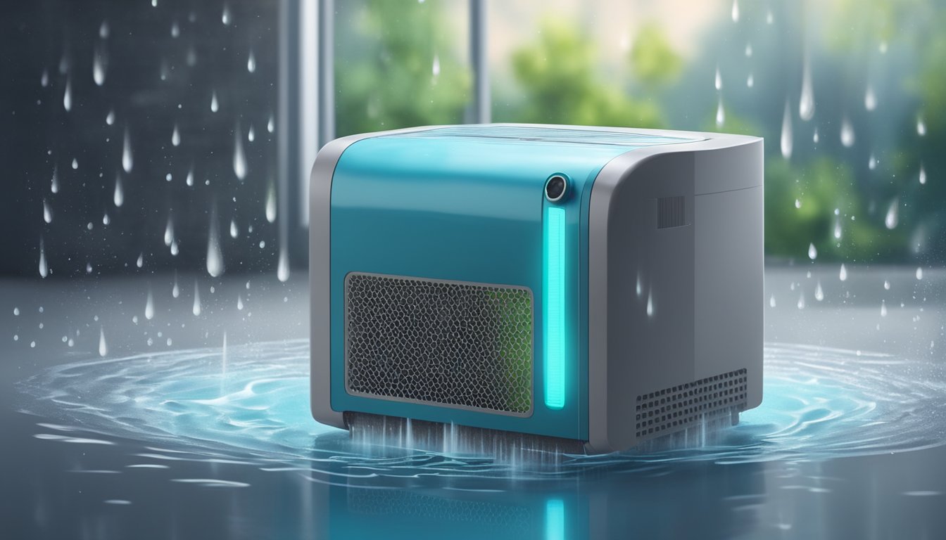 A dehumidifier sits in a damp basement, collecting moisture from the air. The machine is surrounded by water droplets and emits a soft humming sound