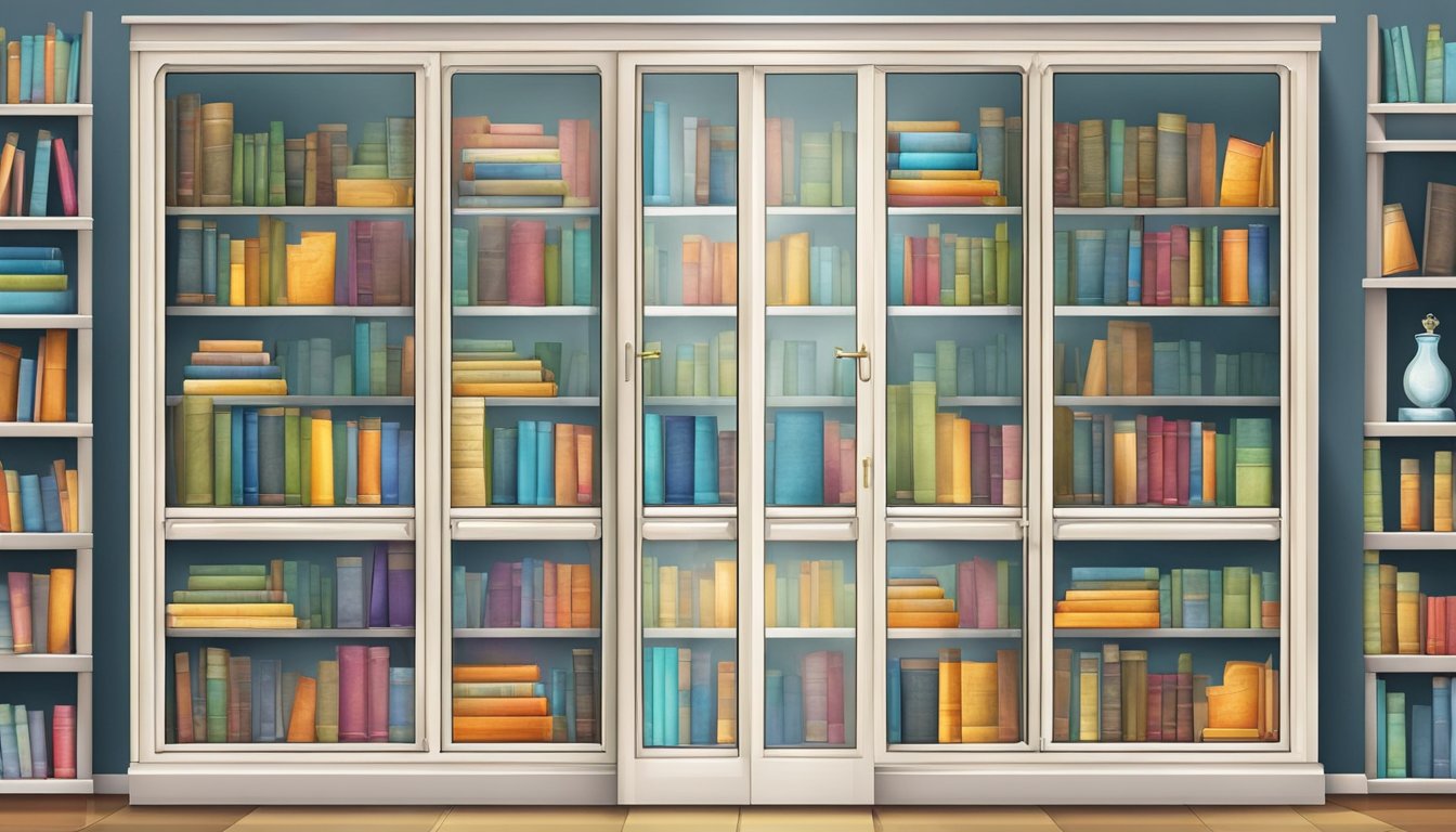 A glass door cabinet filled with colorful books and decorative items