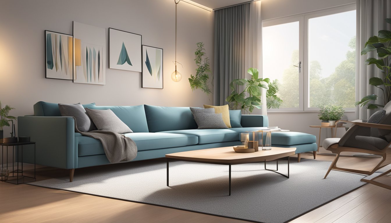 A modern living room with a sleek 4-seater sofa, surrounded by minimalist decor and soft lighting