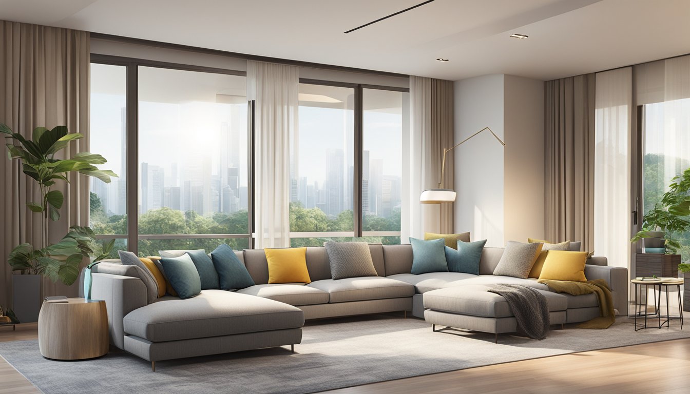 A spacious living room with a modern corner sofa in Singapore. Bright natural light filters in through large windows, casting a warm glow on the sleek design and plush cushions of the sofa