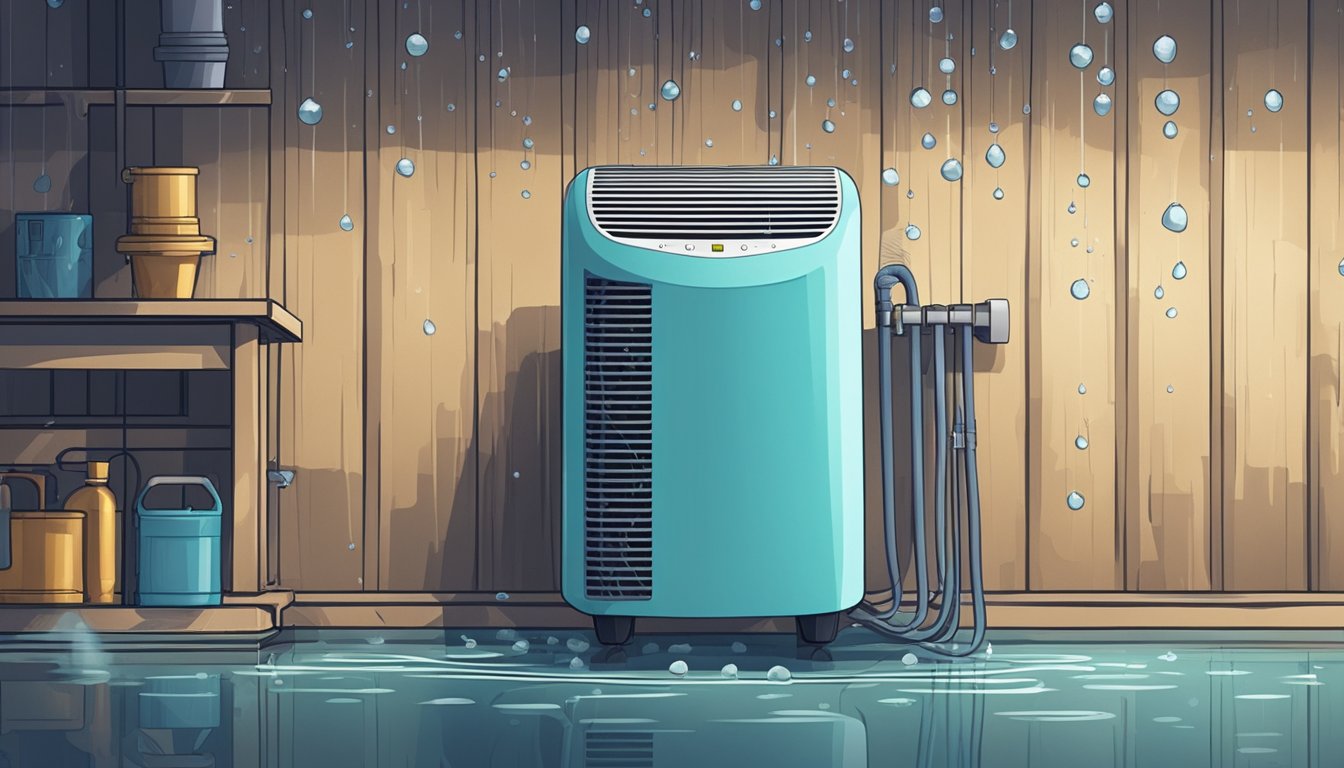 A dehumidifier sits in a damp basement, removing moisture from the air. Its fan hums as water droplets collect in a reservoir