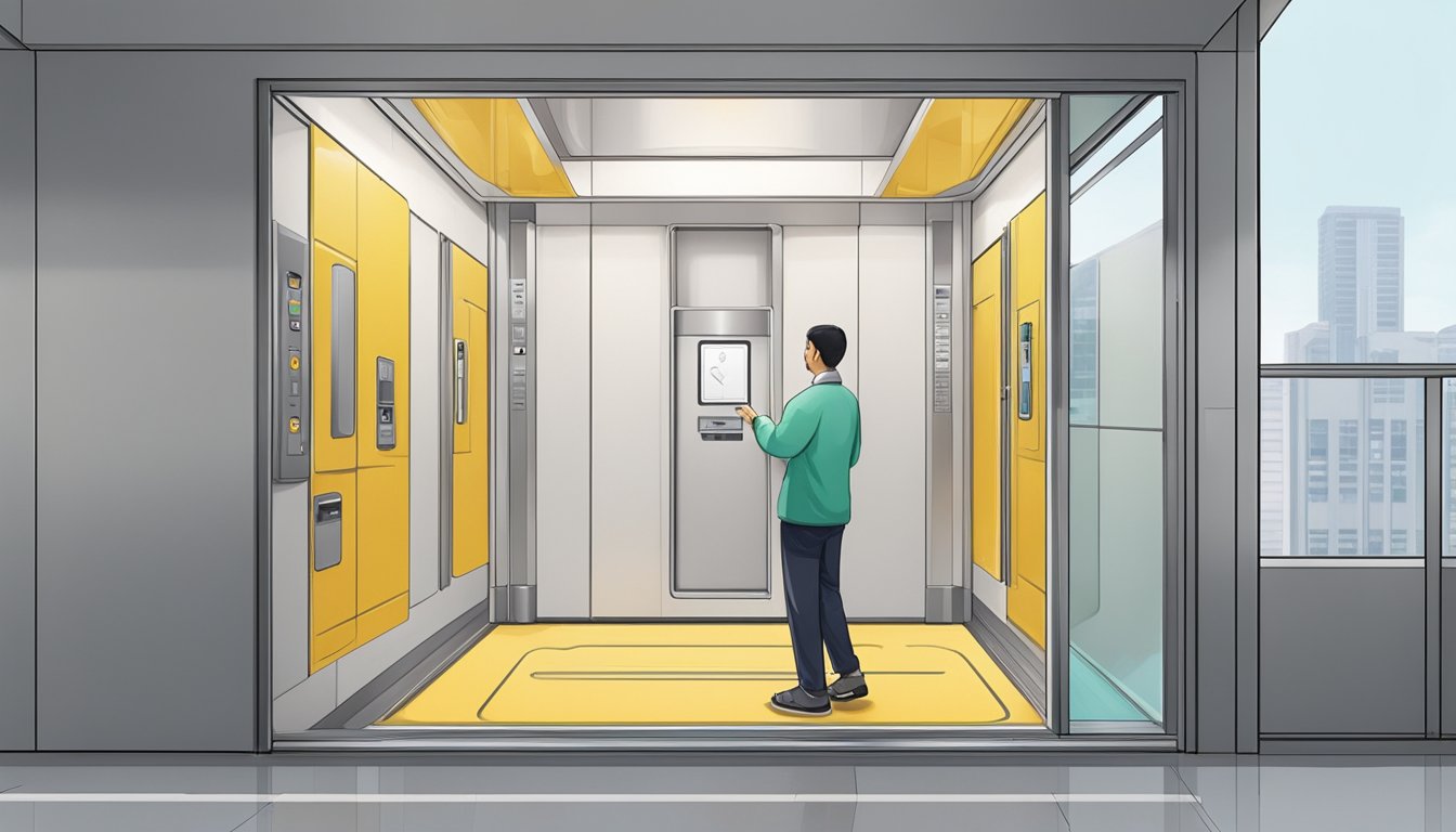 A person pressing the button for the lift in a narrow HDB lift with dimensions approximately 1.2m x 1.5m