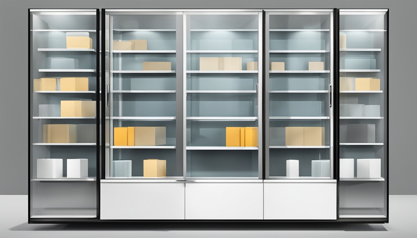 A glass door cabinet stands against a white wall, showcasing its clean lines and transparent panels. The shelves inside hold neatly arranged items, reflecting the cabinet's modern design and sleek materials
