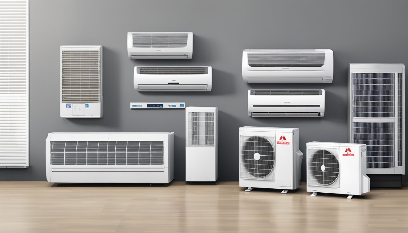 A display of various Mitsubishi air conditioning models with price tags