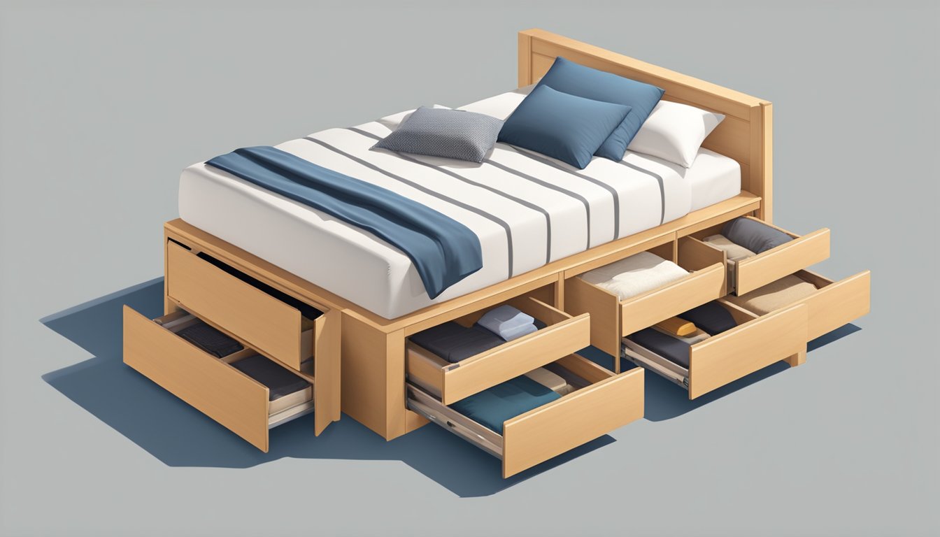 A neatly made bed with built-in storage compartments, topped with a comfortable mattress