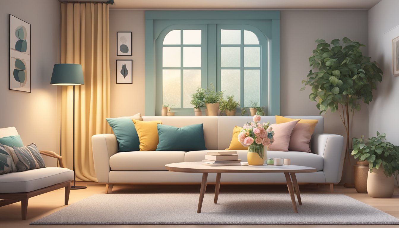 A cozy living room with a corner sofa adorned with decorative throw pillows, a soft blanket, and a stylish side table with a vase of flowers