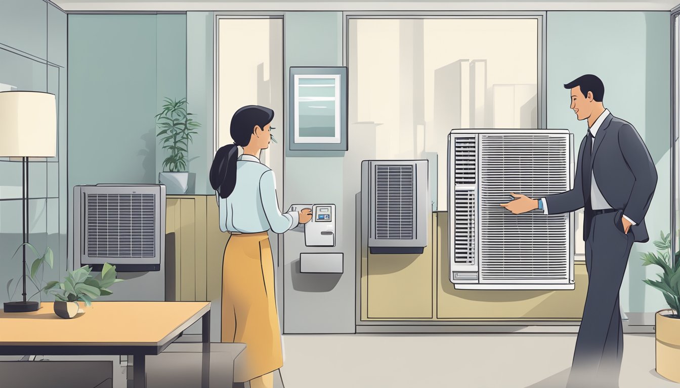 A customer buying a Mitsubishi air conditioner with a sales representative providing after-sales support