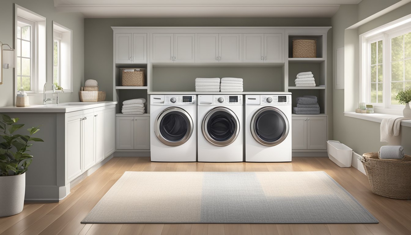 A washer and dryer combo sits in a spacious, well-lit laundry room, with a stack of neatly folded towels nearby