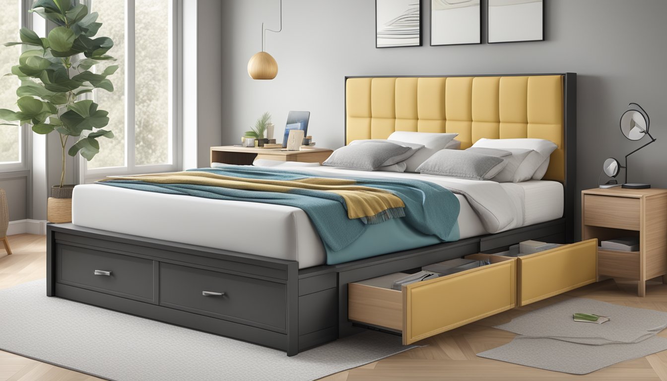 A modern storage bed with a comfortable mattress, surrounded by neatly organized Frequently Asked Questions documents and a user-friendly manual