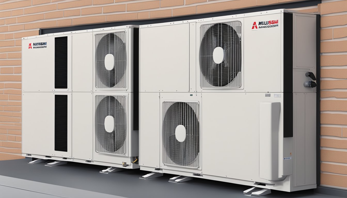 A Mitsubishi system 4 air conditioning unit mounted on a wall, with four separate indoor units connected to a central outdoor compressor