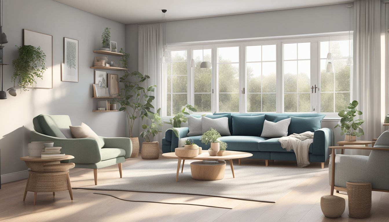 A cozy scandinavian interior with minimalistic furniture, natural light streaming in through large windows, and a neutral color palette with pops of muted blues and greens