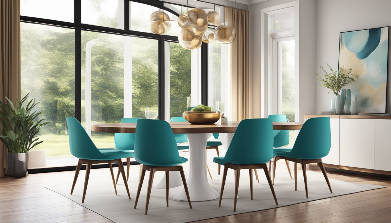 Sleek modern dining chairs arranged around a polished table in a bright, minimalist dining room