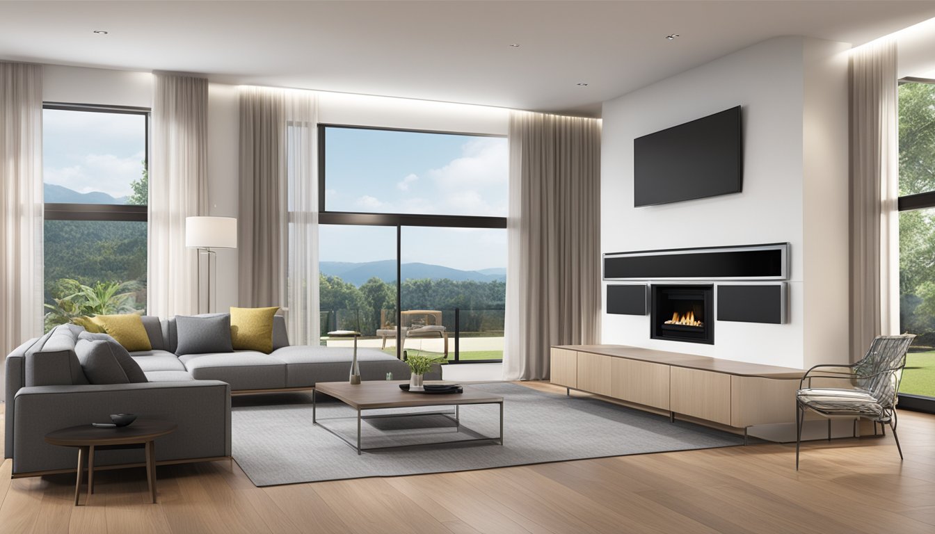 The Mitsubishi System 4 features sleek, modern design with four individual units connected to a central control panel. The units are positioned strategically around a spacious living room, providing efficient and customizable climate control