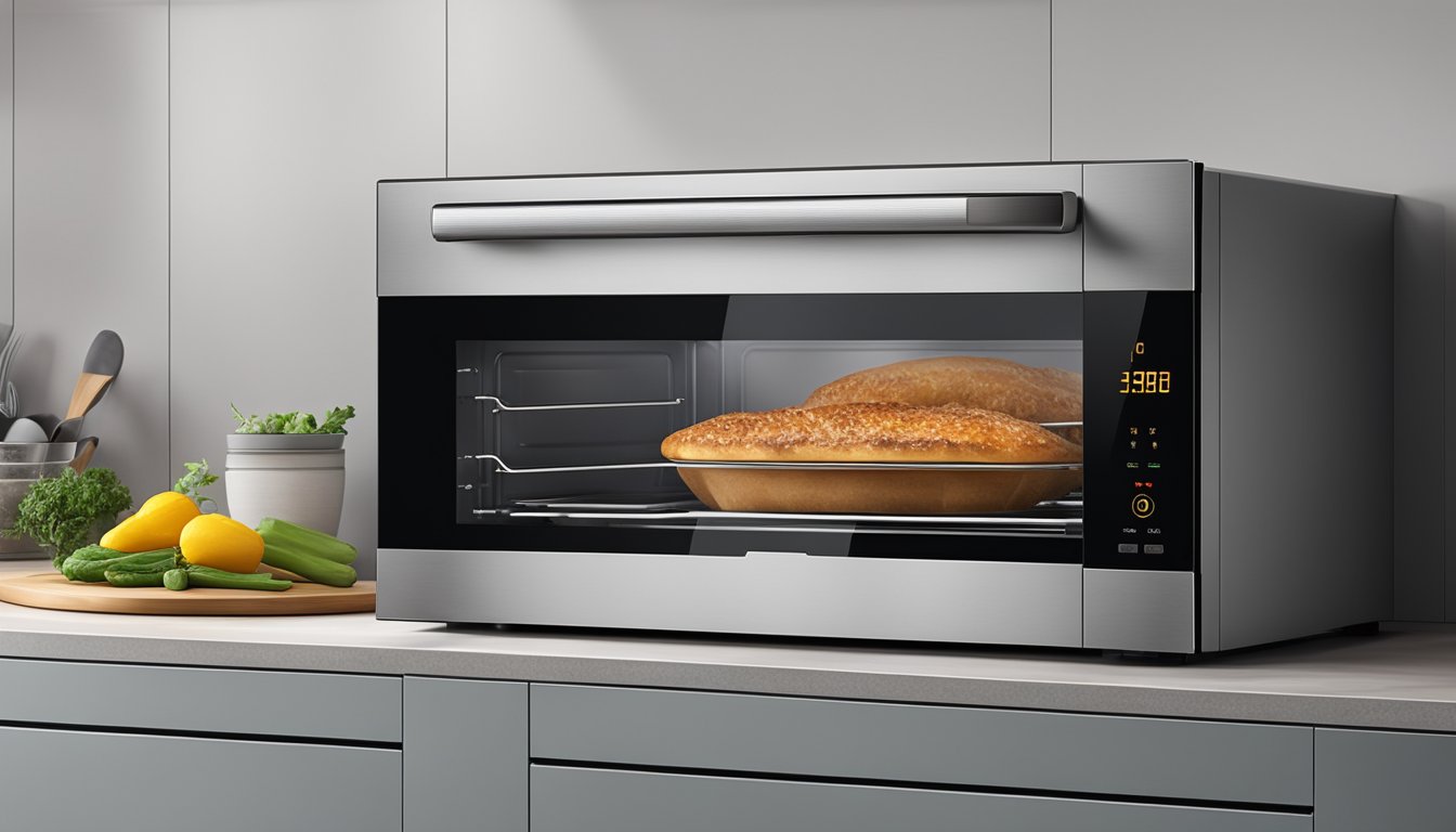 A modern, sleek electric oven sits on a countertop in a stylish Singapore kitchen, with a digital display and touch controls