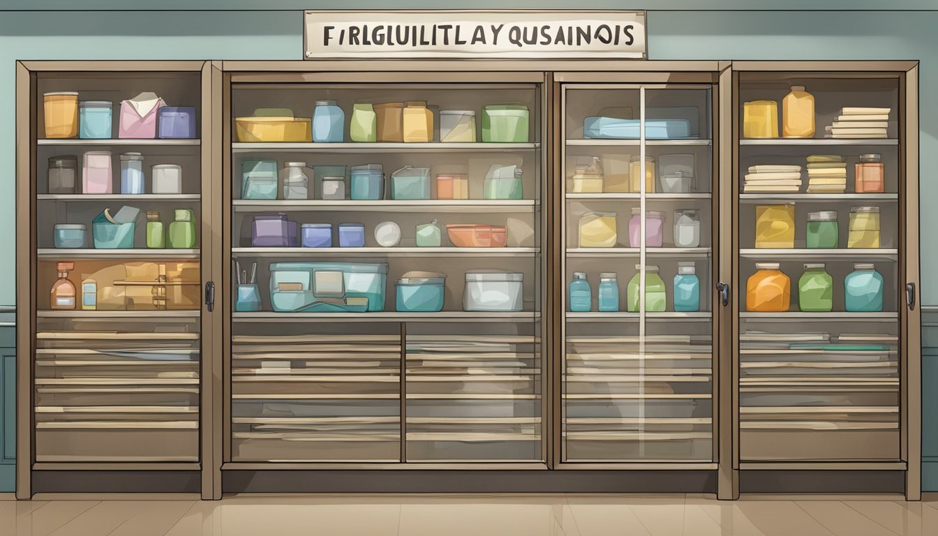 A glass door cabinet filled with neatly organized items, with a sign reading "Frequently Asked Questions" displayed prominently