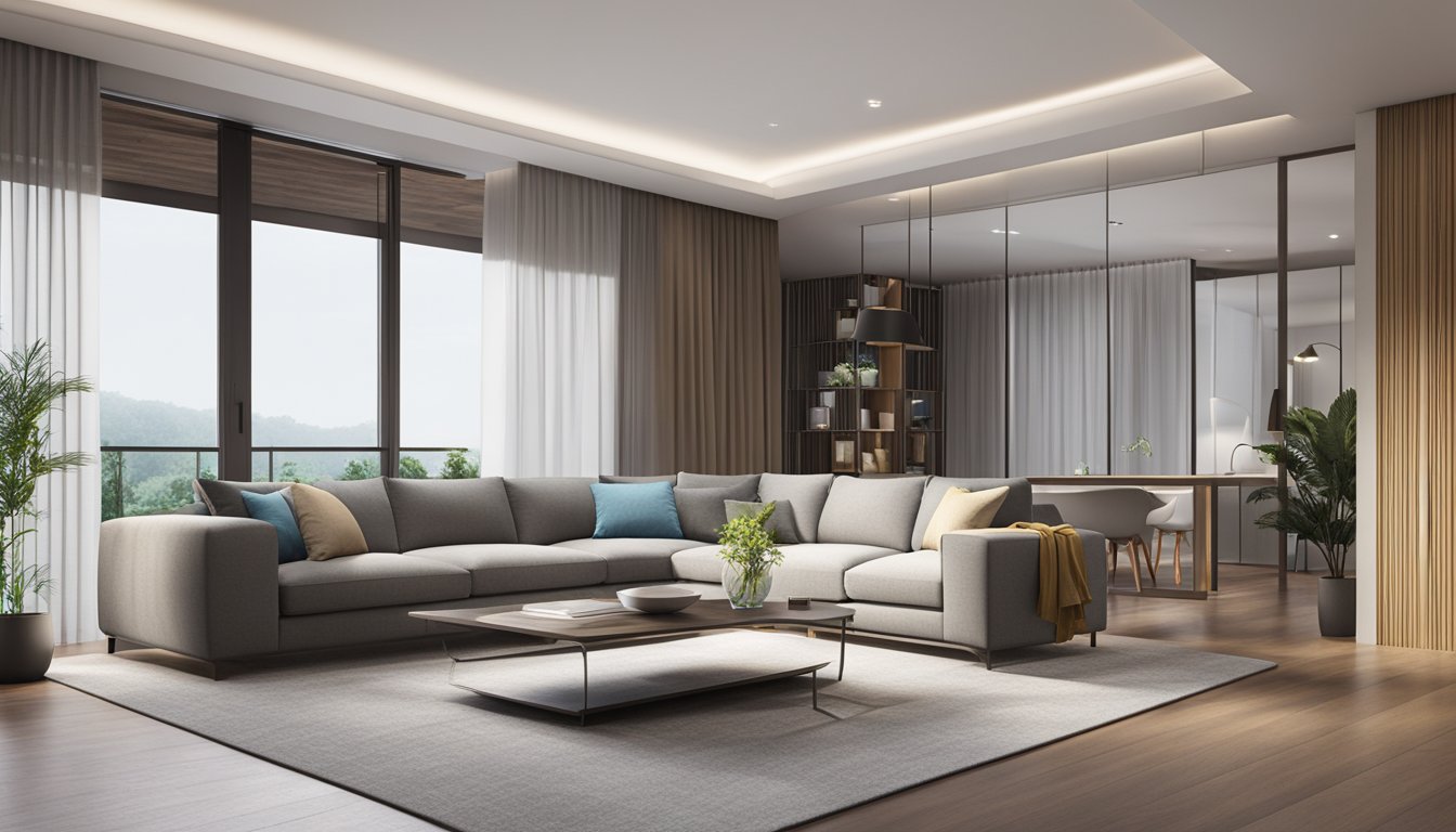 A modern living room with a sleek and stylish corner sofa in Singapore, surrounded by a clean and minimalist decor