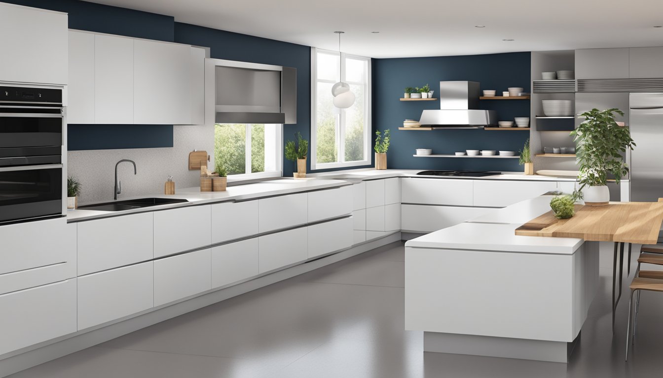 A modern kitchen with sleek white cabinets, chrome hardware, and a minimalist design. The cabinets are organized and spacious, with integrated appliances for a clean and functional look