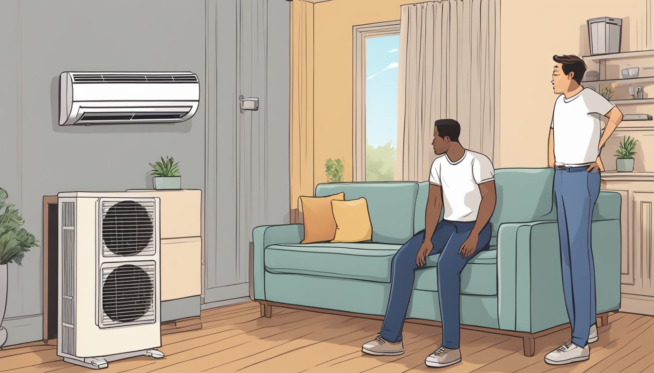 An air conditioner with warm air blowing out, confused people looking at it