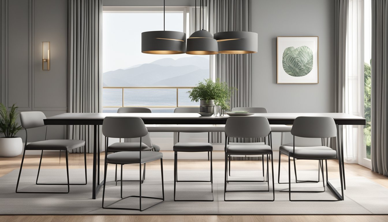 Sleek, minimalist dining chairs with clean lines and metal accents. Neutral colors and smooth textures create a contemporary, stylish look