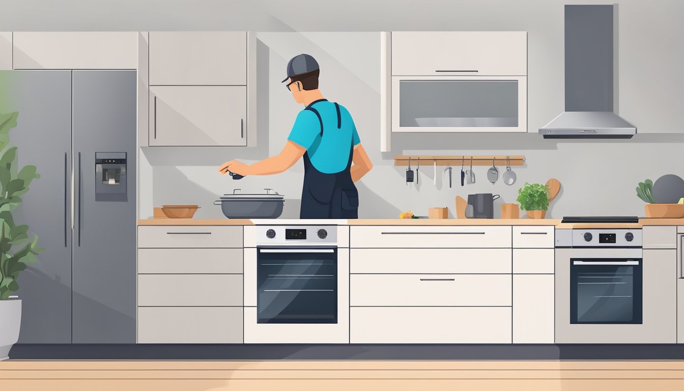 A technician installs and maintains an electric oven in a modern kitchen, checking wiring and components for safety and functionality