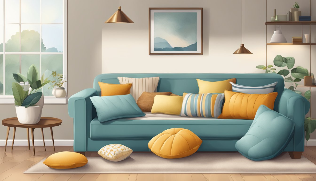 A variety of pillows scattered on a cozy couch, including fluffy, firm, and decorative styles in different shapes and sizes