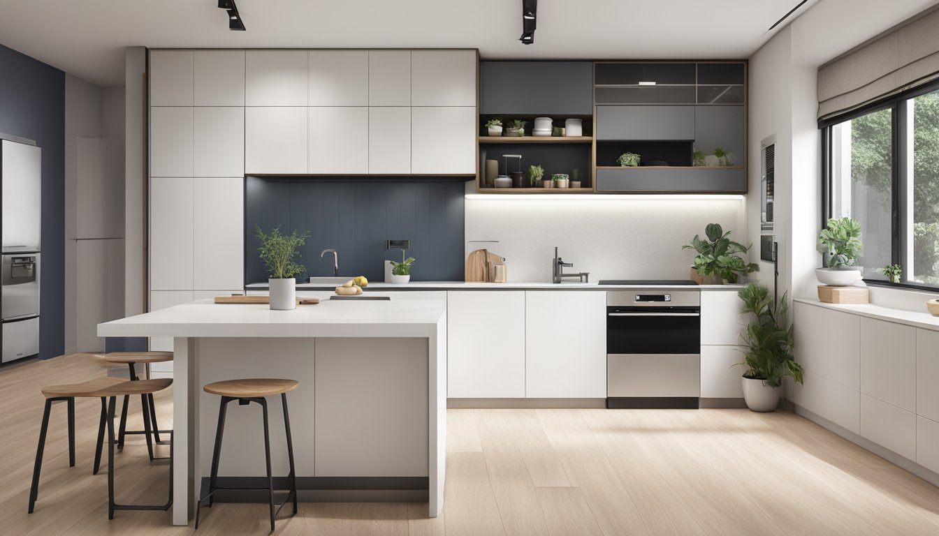 A modern HDB kitchen with sleek, white cabinets, integrated appliances, and ample storage space
