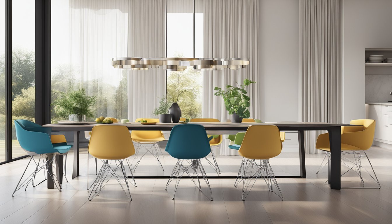 A group of modern dining chairs arranged around a sleek table, with clean lines and minimalist design. The chairs feature ergonomic shapes and bold colors, creating a stylish and contemporary atmosphere