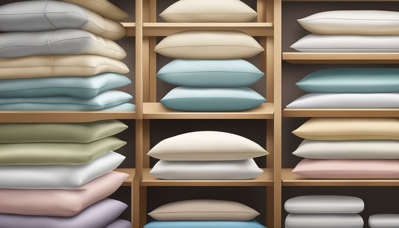 A variety of pillow materials and fillings are displayed, including memory foam, down, and polyester, arranged neatly on a shelf