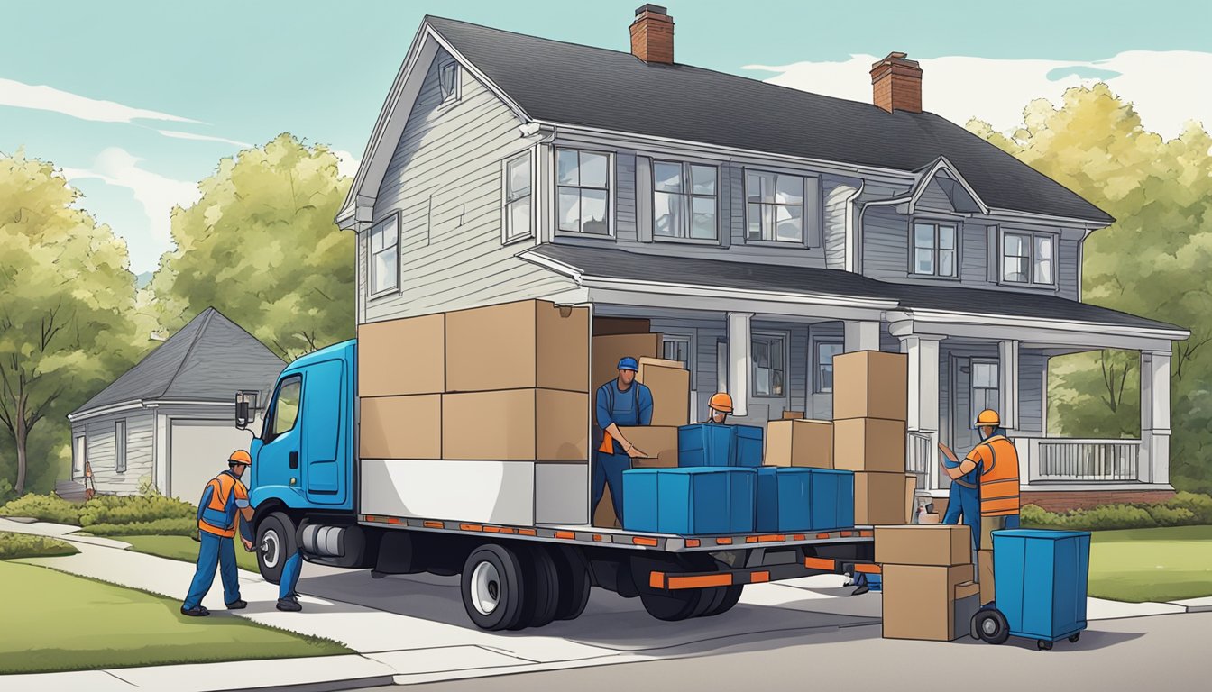 A moving truck parked outside a house, with workers carrying furniture out and loading it onto the truck