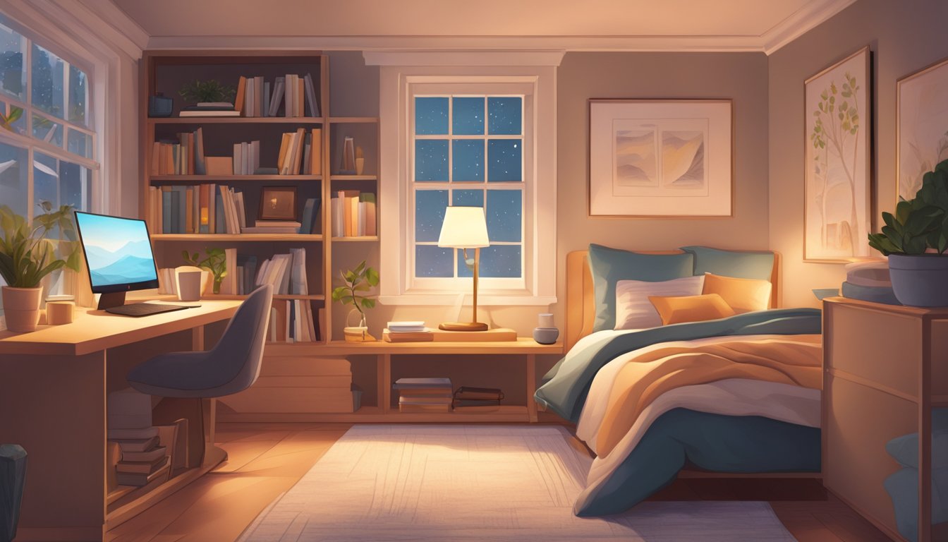 A cozy bedroom with a large, plush bed, soft lighting, and a warm color scheme. A bookshelf and a comfortable reading nook complete the inviting space