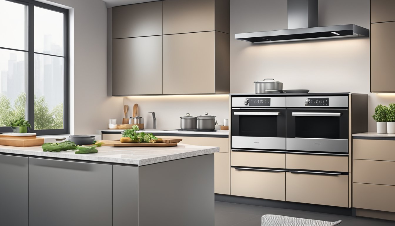 An electric oven with digital display sits on a sleek countertop in a modern kitchen, surrounded by stainless steel appliances and neatly organized cooking utensils