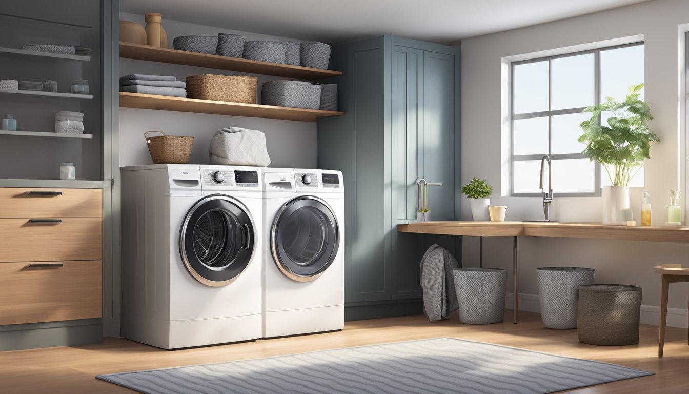 A modern washer and dryer set stands side by side in a clean, well-lit laundry room. The washer has a glass door, and the dryer has a digital display