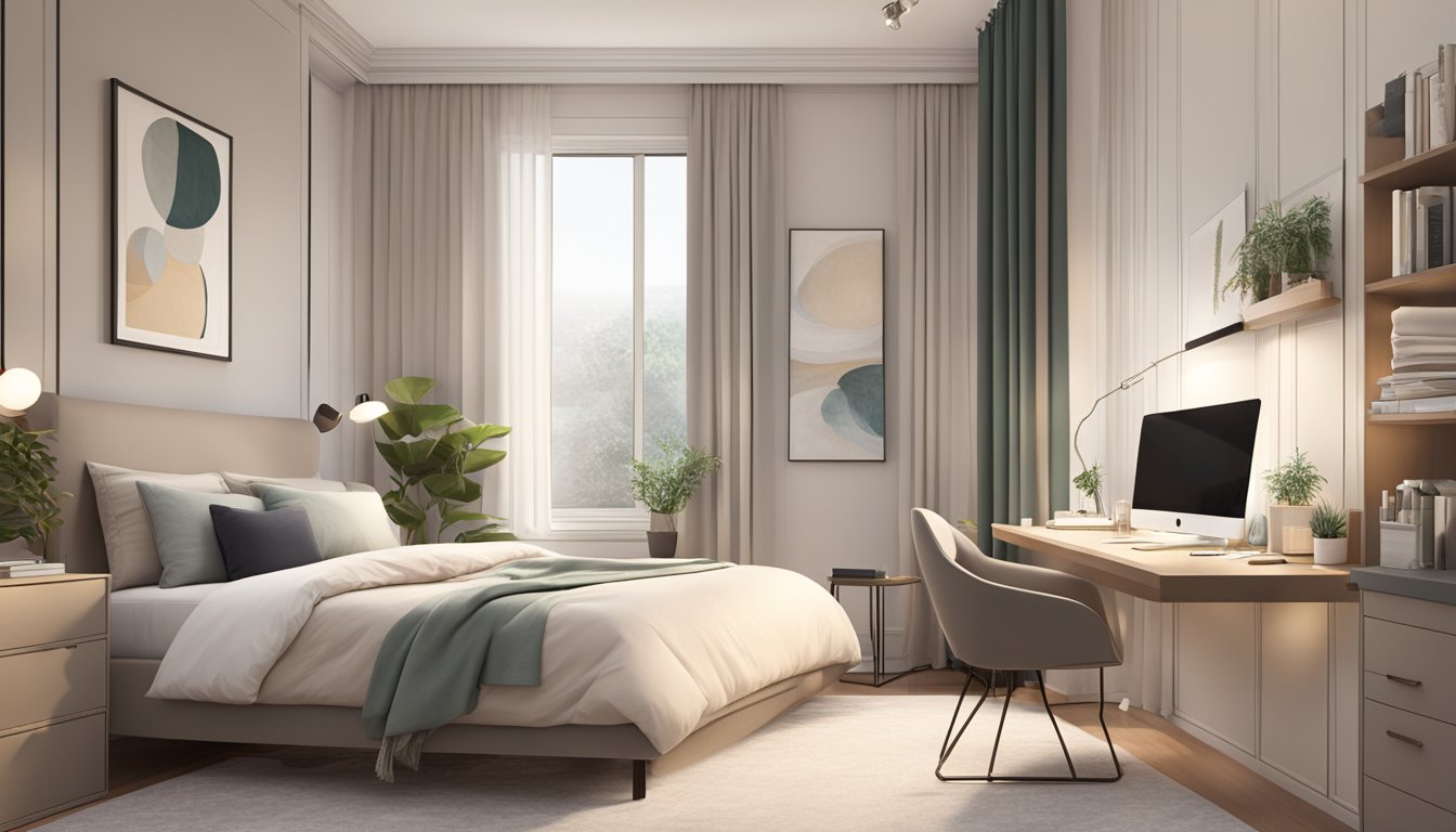 A cozy BTO bedroom with a neutral color palette, a queen-sized bed with a stylish headboard, a sleek study desk, and a large window with sheer curtains